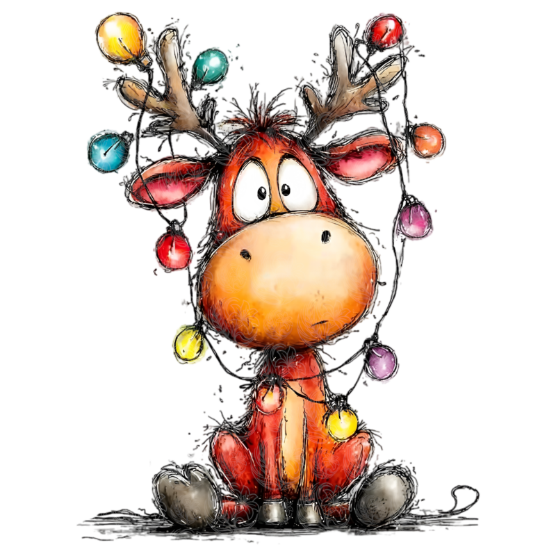 Whimsical reindeer cartoon tangled in colourful Christmas light bulbs sitting confused, Grey Barn Handwerk, Saskatchewan.